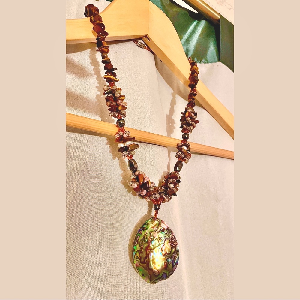 Real Abalone shell necklace beaded with tigers eye gemstone beads.